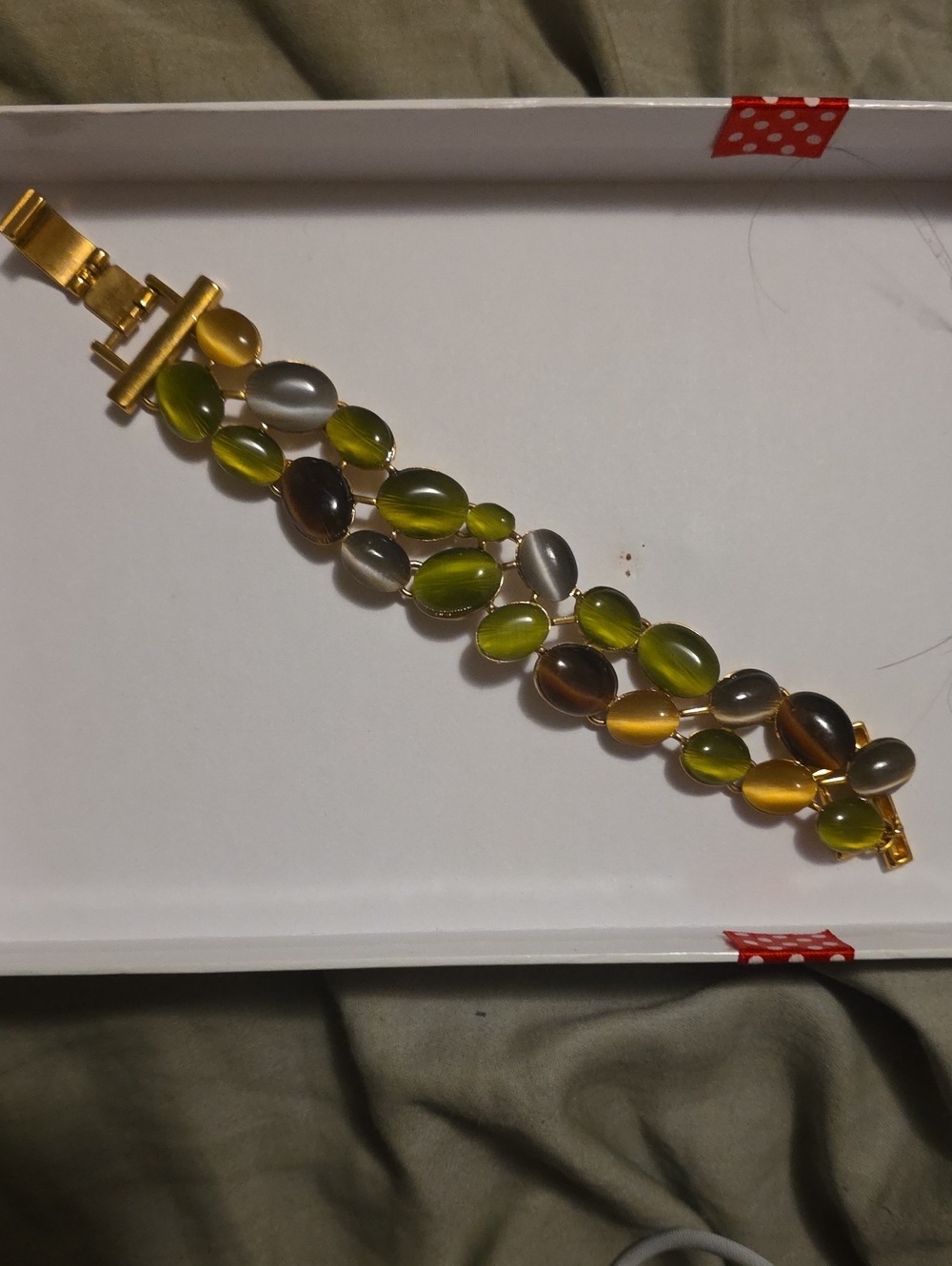 Gold Bracelet with Olive Green, Amber and Gray Beads